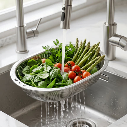 Stainless Steel Oval Mixing Bowl & Strainer Set, 13.4 x 9.8 in (34 x 25 cm) - Nesting Colander & Prep Bowl