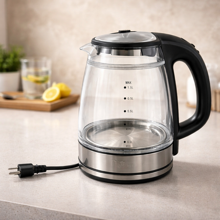 Narita Double Wall Glass Electric Kettle with Blue LED (1.7L) – Cordless Electric Kettle with 360° Rotating Power Base - Stainless Trim