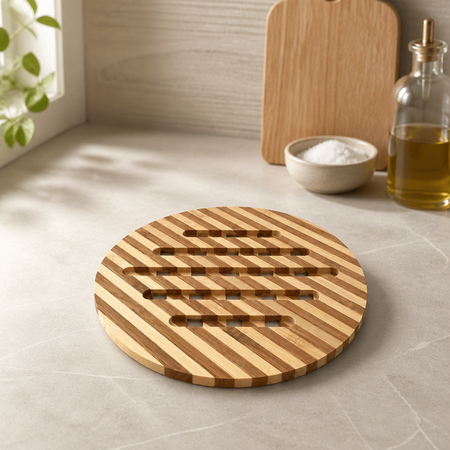 DASOM Round Bamboo Pot Mat Trivet – 6.5" Diameter - Vented Design Hot Pot Mat