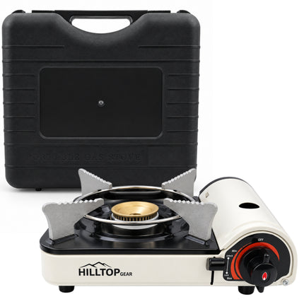 Hilltop Gear HP-01 Portable Butane Gas Stove, 6500 BTU Compact Burner with Safety Shutoff, Reset Button & Carrying Case – Made in Vietnam