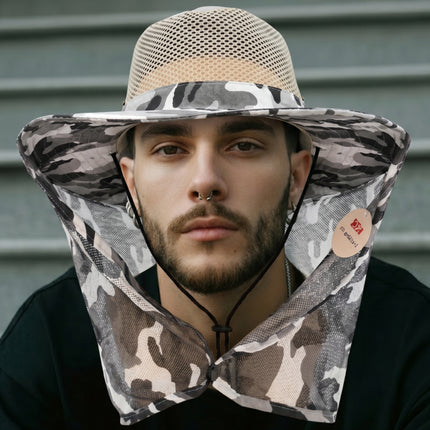 Camouflage Safari Mesh Sun Hat – Wide Brim Sun Hat with Mesh Neck Guard, Breathable Mesh Crown & Adjustable Chin Cord (4 Colors)
