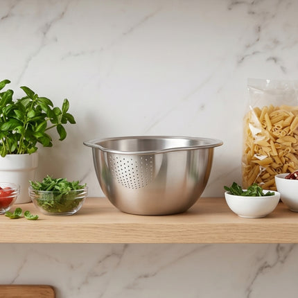 Stainless Steel Vegetable Washing & Draining Bowl with Built-In Strainer - 10.6" x 9.4" (27 x 24 cm)