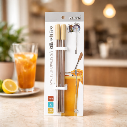 Kaizen Stainless Steel Straws (x2) with Silicone Tips (x2) & Cleaning Brush (x1)