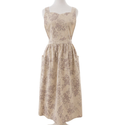 Vintage Floral Linen Cotton Blend Apron Dress with Pockets & Adjustable Shoulder Straps - Kitchen Aprons