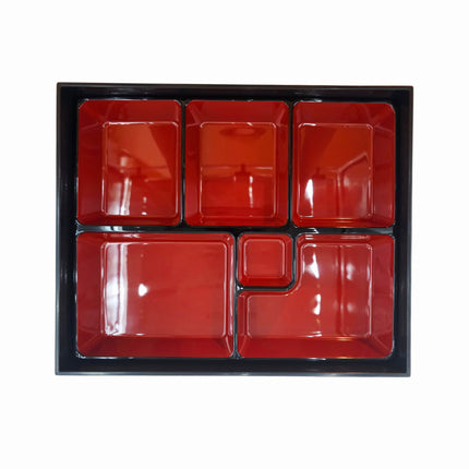 Japanese-Style 2-Piece 6-Section Melamine Serving Tray – Made in Japan - Wood Grain Base - Red & Black Bento Plate (11.75″ x 9.5″)