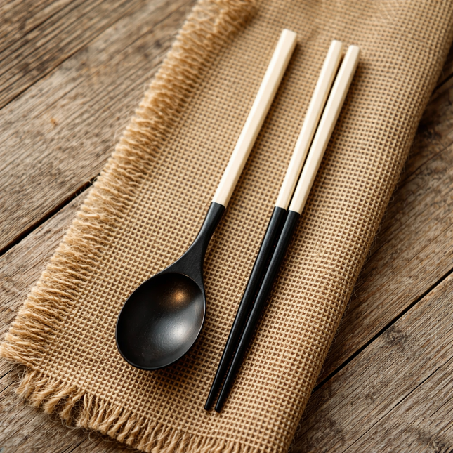 Golden Bell Natural Lacquered Acacia Wood Spoon & Chopsticks Set - Made in Vietnam