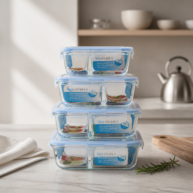KBIG STORE Double Lock Borosilicate Glass Food Storage Container with Divider (4 Sizes) – BPA Free – Oven & Microwave Safe