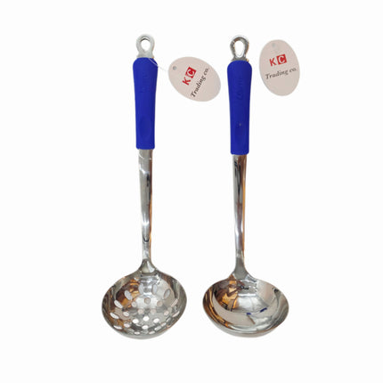KC Stainless Steel Soup Ladle or Perforated Skimmer with Blue Silicone Handle – 10" Length