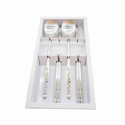 Golden Bell Korean 18/10 Stainless Steel Spoon & Chopsticks Set (2 Person Set) - Blue & Red Floral Vine Design Handle - Made in Korea