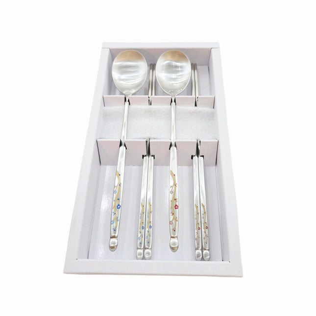 Golden Bell Korean 18/10 Stainless Steel Spoon & Chopsticks Set (2 Person Set) - Blue & Red Floral Vine Design Handle - Made in Korea