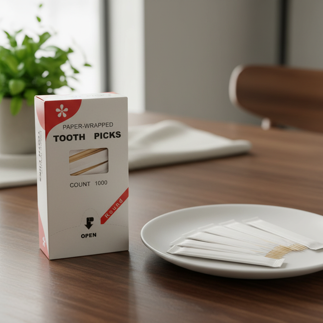 Paper-Wrapped Wooden Toothpicks – 1,000 Count Box (Individually Wrapped, Round Birch)