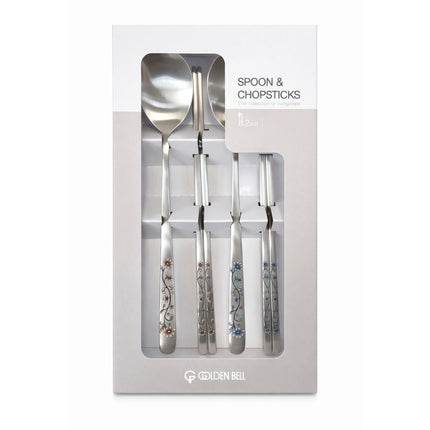 Golden Bell Korean 18/10 Stainless Steel Spoon & Chopsticks Set (2 Person Set) - Pink & Blue Floral Design Handle - Made in Korea