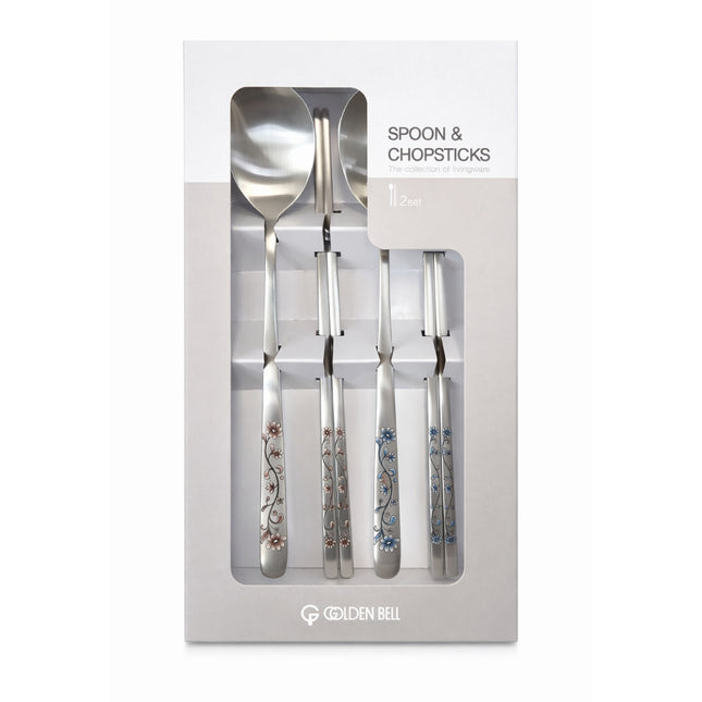Golden Bell Korean 18/10 Stainless Steel Spoon & Chopsticks Set (2 Person Set) - Pink & Blue Floral Design Handle - Made in Korea
