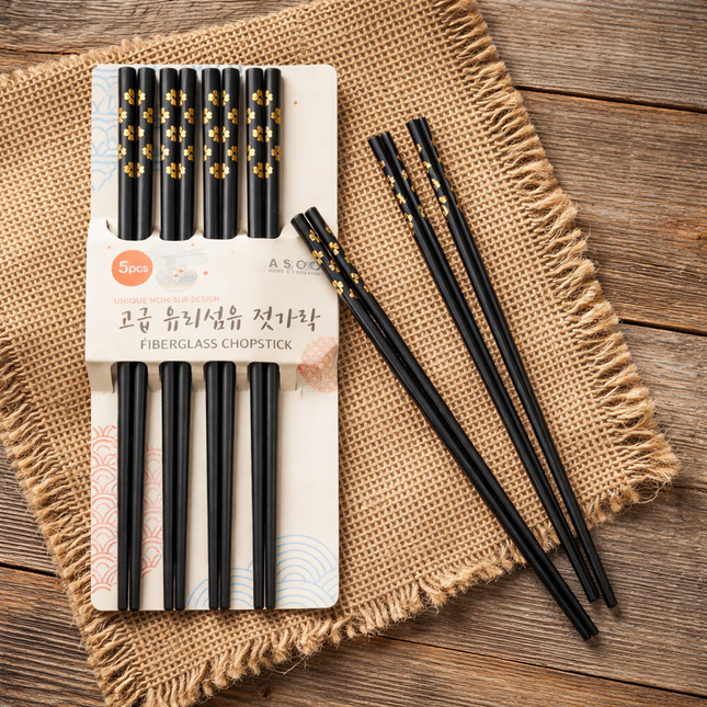 Dasom Premium Fiberglass Chopsticks Set (5 Pairs) – Non-Slip Grip, Gold Floral Accent Design, BPA-Free, Odorless, Black Color