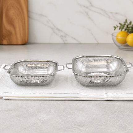 Stainless Steel Perforated Colander Strainer Basket with Handles - 2 Sizes (8.7" or 10.2") - Square Design