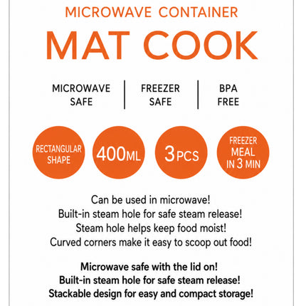 Kaizen Mat Cook Round Food Storage Container Set - 400 mL (13.5 oz) x 3 Pack - BPA Free - Microwave Safe - Made in Korea