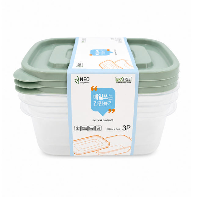 NEO Easy Cap Rectangular Food Storage Container Set - 520 mL (17.6 oz) x 3 Pack - BPA Free - Microwave-Safe - Made in Korea