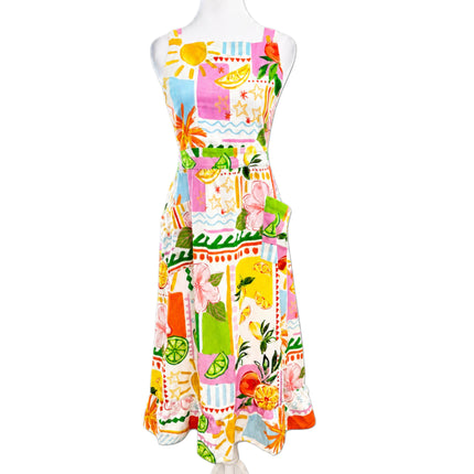 Multicolor Tropical Bloom Apron Dress with Pockets & Back Tie (Golaga Exclusive) - Vintage Fruit & Floral Kitchen Aprons