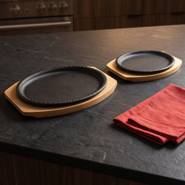 Oval Cast Iron BBQ Grill & Sizzling Plate Set with Wooden Base - Medium & Large Sizes