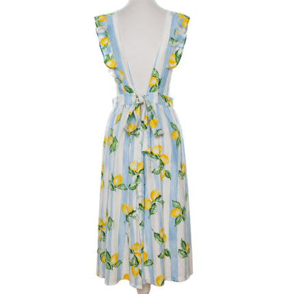Coastal Lemon Ruffle Apron Dress with Pockets & Back Tie (Golaga Exclusive) - Blue Lemon Stripe Kitchen Aprons