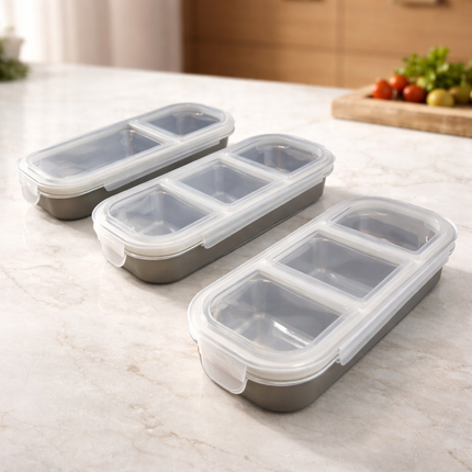 SUS304 Stainless Steel Divided Food Container with 4-Way Locking Lid (3 Options)