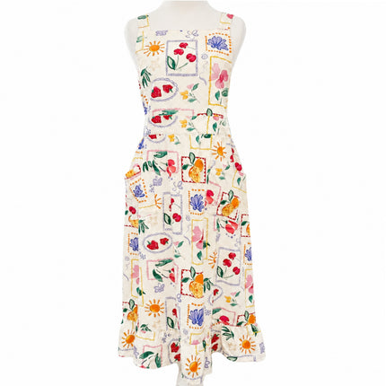 Botanical Art Apron Dress with Pockets & Back Tie (Golaga Exclusive) - Vintage Cherry, Fruit, Floral Design Kitchen Aprons