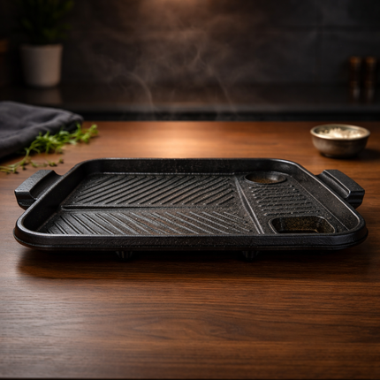 Queen Sense "Rexton" Jumbo Rectangular Korean BBQ Grill Pan with Side Wells 16.1 x 11.8 Inches - Made in Korea