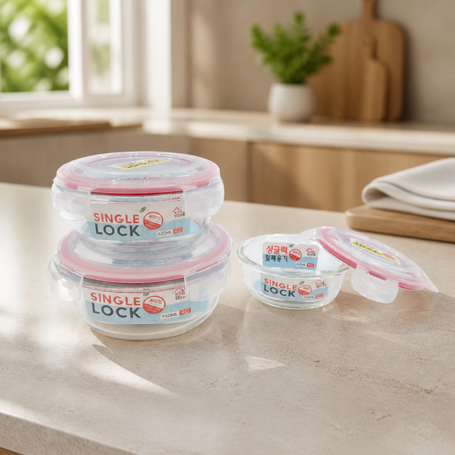 KBIG STORE Single Lock Round Borosilicate Glass Food Storage Container (3 Sizes) – BPA Free – Oven & Microwave Safe