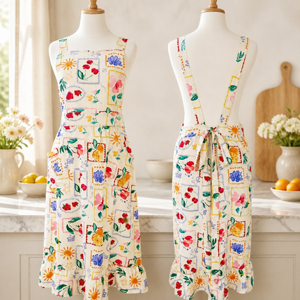 Botanical Art Apron Dress with Pockets & Back Tie (Golaga Exclusive) - Vintage Cherry, Fruit, Floral Design Kitchen Aprons
