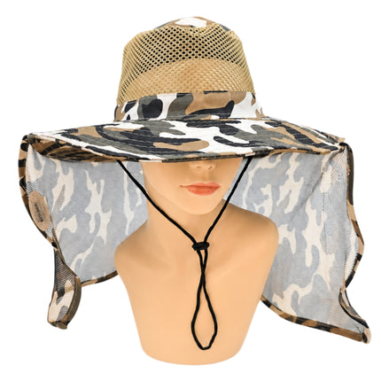 Camouflage Safari Mesh Sun Hat – Wide Brim Sun Hat with Mesh Neck Guard, Breathable Mesh Crown & Adjustable Chin Cord (4 Colors)