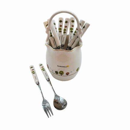 Golden Bell “Remember” Ceramic Utensil Holder (Large) W/ 5 Stainless Steel Fruit Forks & 5 Teaspoons – Made in Korea