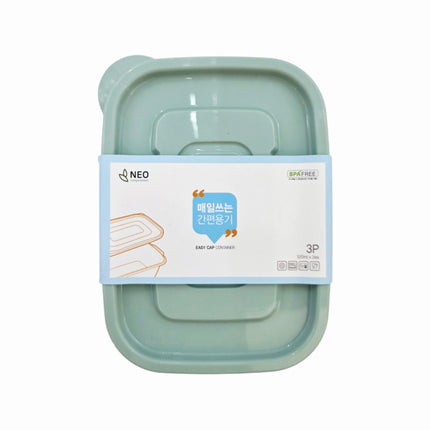 NEO Easy Cap Rectangular Food Storage Container Set - 520 mL (17.6 oz) x 3 Pack - BPA Free - Microwave-Safe - Made in Korea