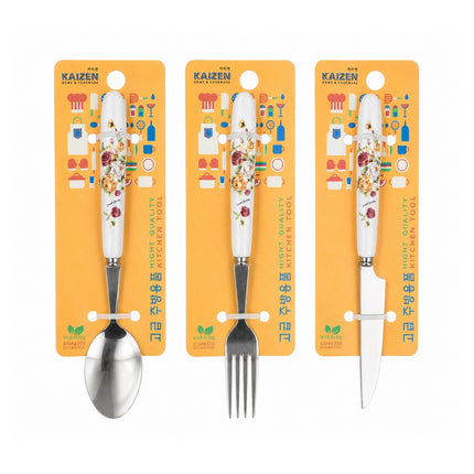 Kaizen Spring Floral Stainless Steel Flatware with Ceramic Handle - Spoon, Fork, or Knife - 7.5" / 8"