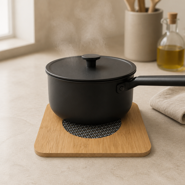 Square Bamboo Trivet with Woven Metal Center & Non-Slip Feet – 6.7" x 6.7" (17 x 17 cm) - Hot Pot Mat