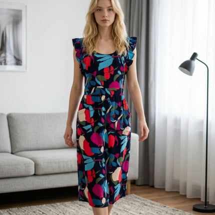 Midnight Botanical Ruffle Apron Dress with Pockets & Back Tie (Golaga Exclusive) - Black Multicolor Kitchen Aprons