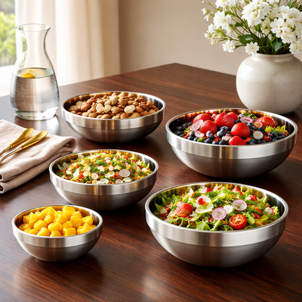 Vacuum Insulated Double Wall Stainless Steel Rice/Soup/Noodle Bowls (Exterior Wall Body = Brushed Silver) - 5 Sizes