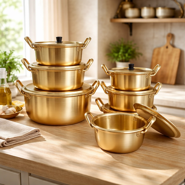Dolphin Brand Gold Aluminum Korean Pots (Dual-Handle - 7 Sizes) - Made in Korea - Ramen & Hot Pot