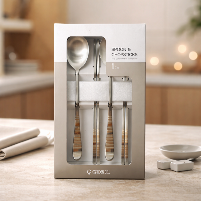 Golden Bell Korean 18/10 Stainless Steel Spoon & Chopsticks Set (2 Person Set) - Striped Design Handle - Made in Korea