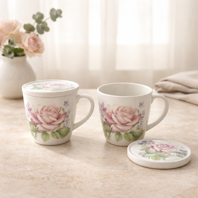 Naremoa Rose Story Fine Bone Porcelain Mug Set (4-Piece) – 2 Mugs + 2 Lids – Made in Korea