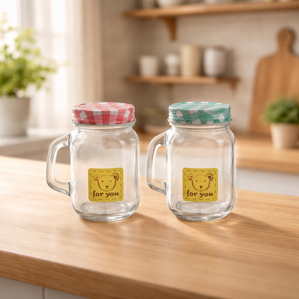 Mini Glass Storage Jar with Checkered Screw-On Lid and Handle (120ml) - Red or Green Lid