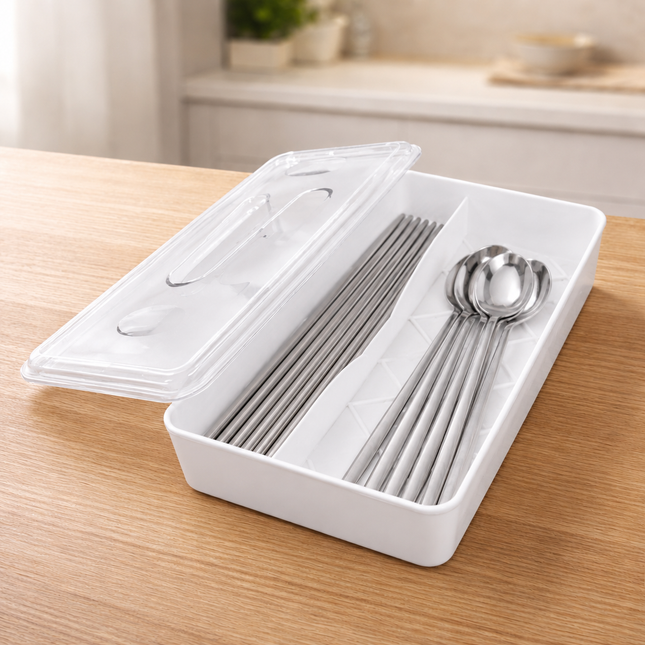 Sonaki Mate White Plastic Divided Cutlery Storage Organizer with Clear Lid & Grip Handles – 10" x 5.25" x 2.25" – Made in Korea