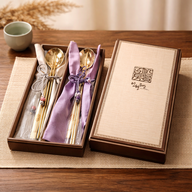 Longevity Turtle Gold Korean Spoon & Chopstick Couple Gift Set (“Sujeo”) – SUS304 Stainless Steel – Made in Korea