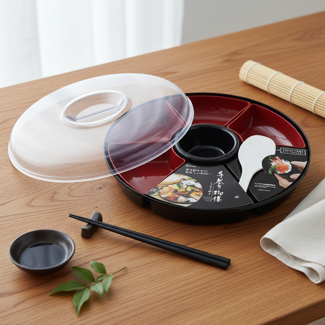 Inomata Divided Serving Platter with Lid & Rice Paddle - Made in Japan - Removable Sections