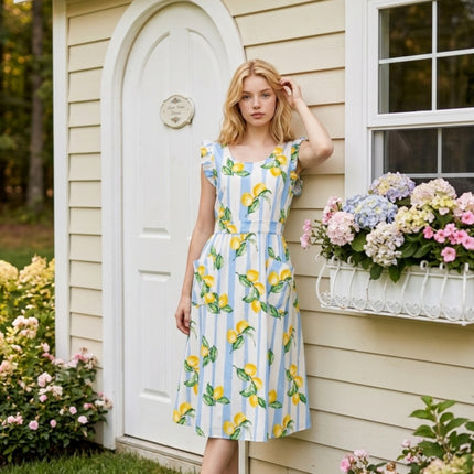 Coastal Lemon Ruffle Apron Dress with Pockets & Back Tie (Golaga Exclusive) - Blue Lemon Stripe Kitchen Aprons