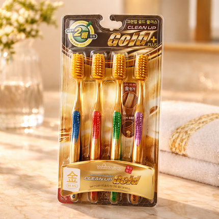 "Clean Up" Gold Toothbrushes (4-pack) - Made in Korea (Ultra-slim bristles)