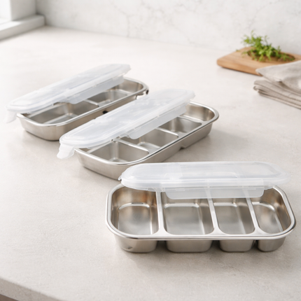 SUS304 Stainless Steel Divided Food Container with 4-Way Locking Lid (3 Options)