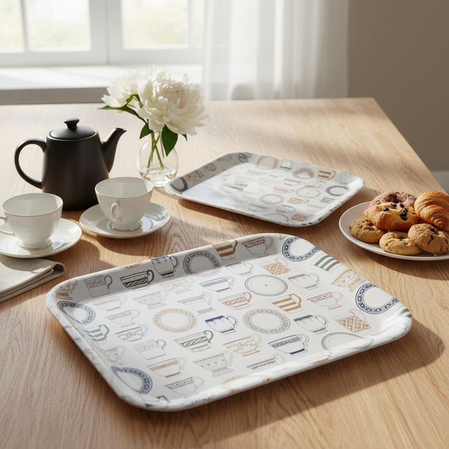 "Tea & Coffee Time" Food/Drink Serving Trays - Made in Korea (3 Sizes)