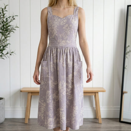 Vintage Floral Linen Cotton Blend Apron Dress with Pockets & Adjustable Shoulder Straps - Kitchen Aprons