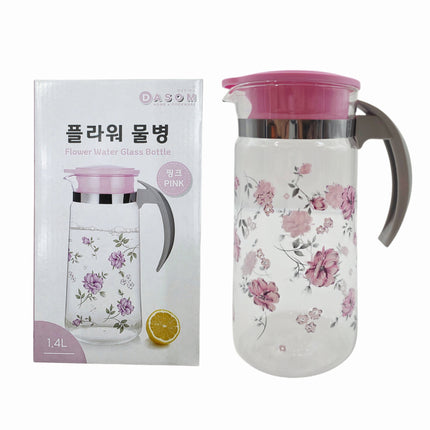 Dasom Floral Glass Water Pitcher (1.4L) - (Pink or Yellow) - Glass Serving Bottle/Carafe