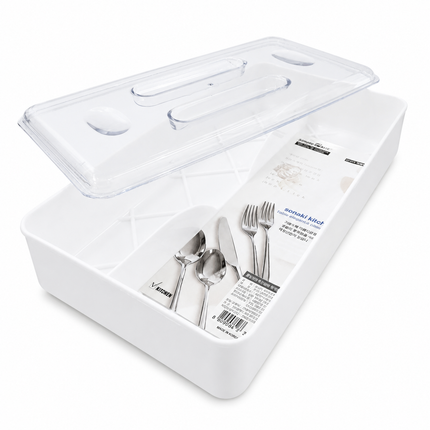 Sonaki Mate White Plastic Divided Cutlery Storage Organizer with Clear Lid & Grip Handles – 10" x 5.25" x 2.25" – Made in Korea